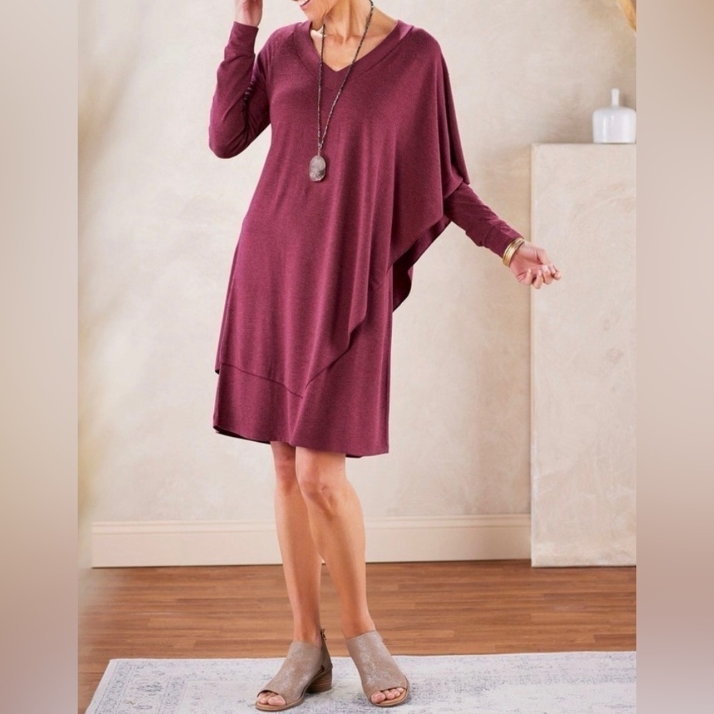 Soft Surroundings Marla Layered V-Neck Sweater Dress Ruby Heather